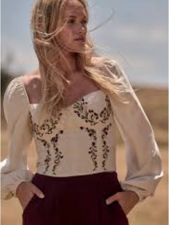 Promesa Tops - Promesa Juliet Embroidered Peasant Crop Top Sweetheart Neckline Ivory Size S